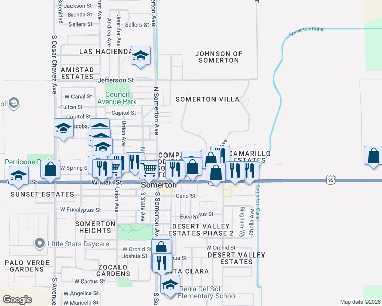 map of restaurants, bars, coffee shops, grocery stores, and more near 201 North Bingham Avenue in Somerton