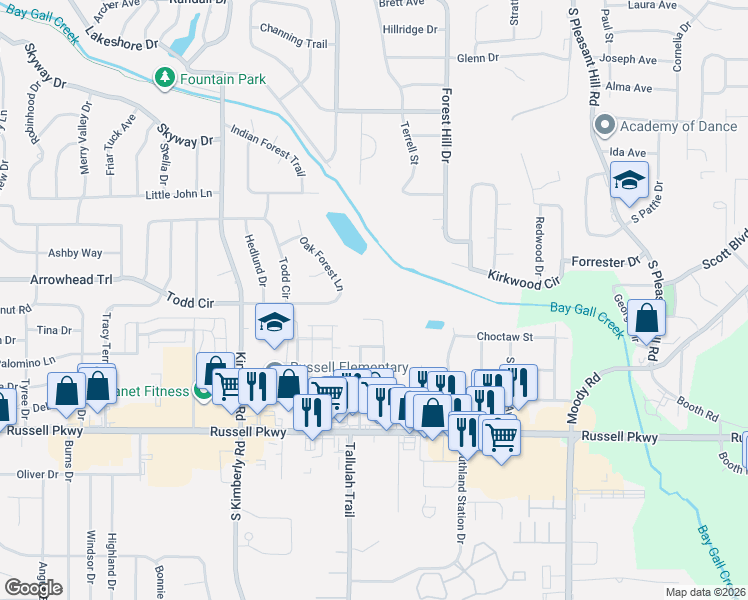 map of restaurants, bars, coffee shops, grocery stores, and more near 116 Cohen Court in Warner Robins