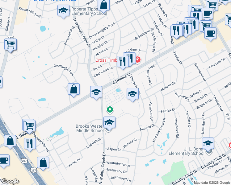 map of restaurants, bars, coffee shops, grocery stores, and more near 1720 North Walnut Creek Drive in Mansfield