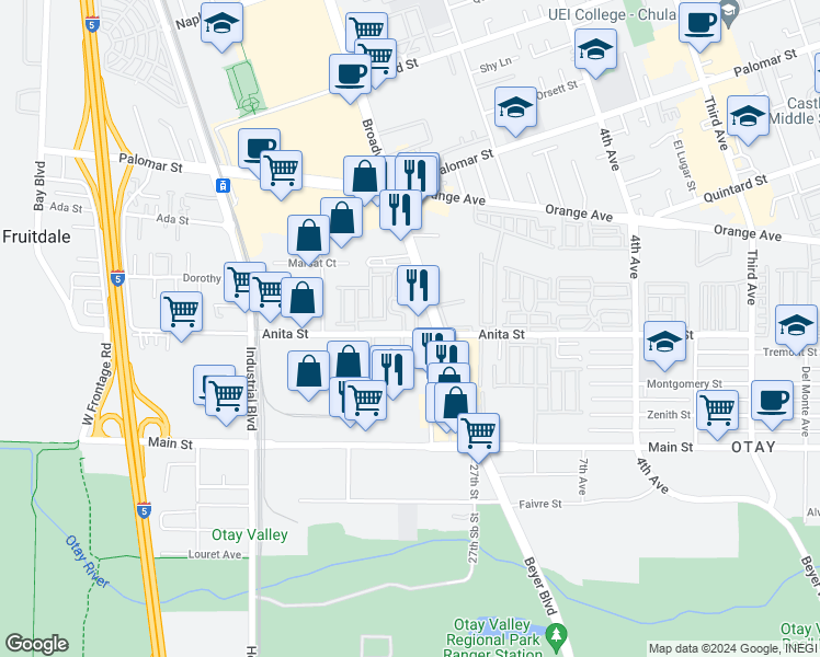 map of restaurants, bars, coffee shops, grocery stores, and more near 578 Anita Street in Chula Vista