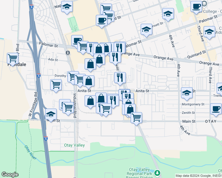 map of restaurants, bars, coffee shops, grocery stores, and more near 602 Anita Street in Chula Vista