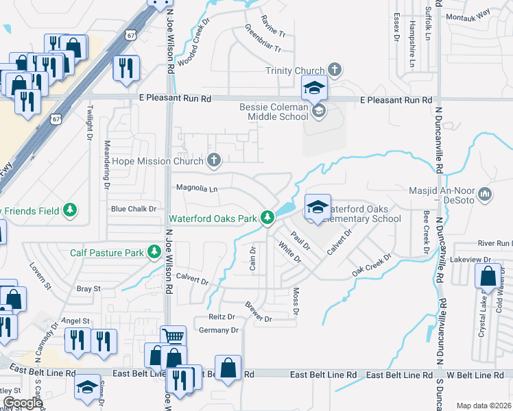 map of restaurants, bars, coffee shops, grocery stores, and more near 1087 Streamside Drive in Cedar Hill