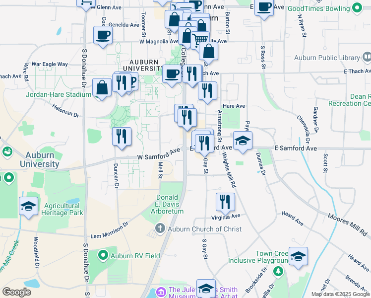 map of restaurants, bars, coffee shops, grocery stores, and more near 102 East Samford Avenue in Auburn