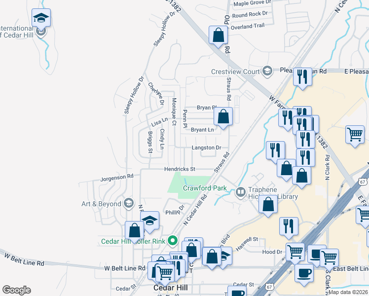 map of restaurants, bars, coffee shops, grocery stores, and more near 500 Langston Street in Cedar Hill
