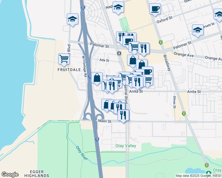 map of restaurants, bars, coffee shops, grocery stores, and more near 758 Anita Street in Chula Vista
