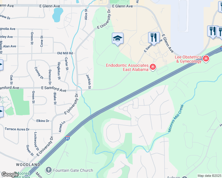 map of restaurants, bars, coffee shops, grocery stores, and more near 1600 East Samford Avenue in Auburn