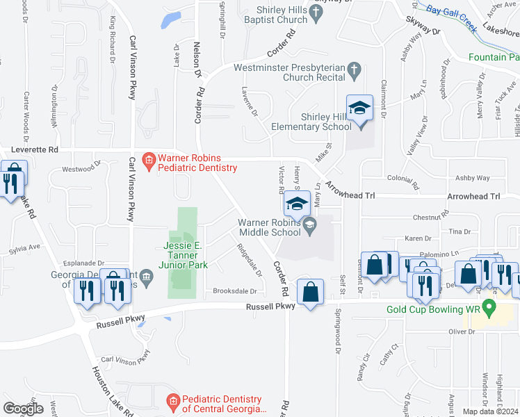 map of restaurants, bars, coffee shops, grocery stores, and more near 119 Victor Road in Warner Robins