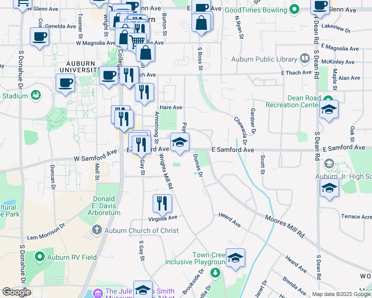 map of restaurants, bars, coffee shops, grocery stores, and more near 332 East Samford Avenue in Auburn