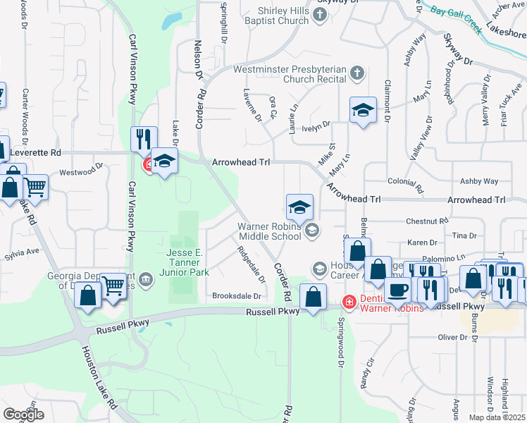 map of restaurants, bars, coffee shops, grocery stores, and more near 1103 Corder Road in Warner Robins