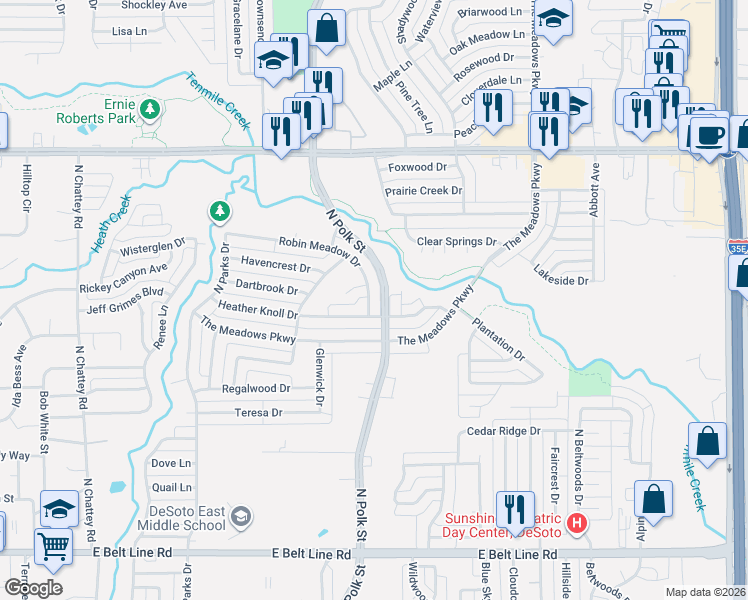 map of restaurants, bars, coffee shops, grocery stores, and more near 849 Robin Meadow Drive in DeSoto