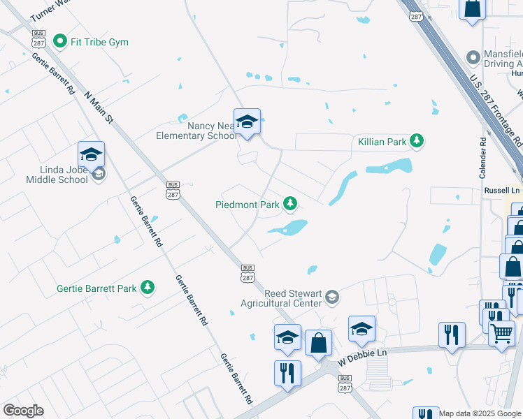 map of restaurants, bars, coffee shops, grocery stores, and more near 2506 Wood River Parkway in Mansfield