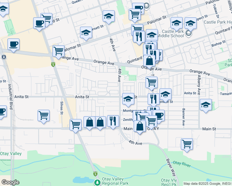map of restaurants, bars, coffee shops, grocery stores, and more near 444 Anita Street in Chula Vista