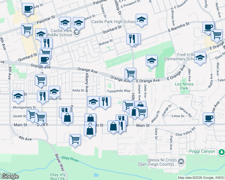 map of restaurants, bars, coffee shops, grocery stores, and more near 1598 Citrus Way in Chula Vista