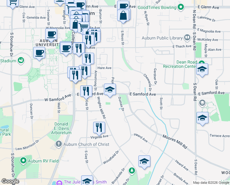map of restaurants, bars, coffee shops, grocery stores, and more near 365 Payne Street in Auburn