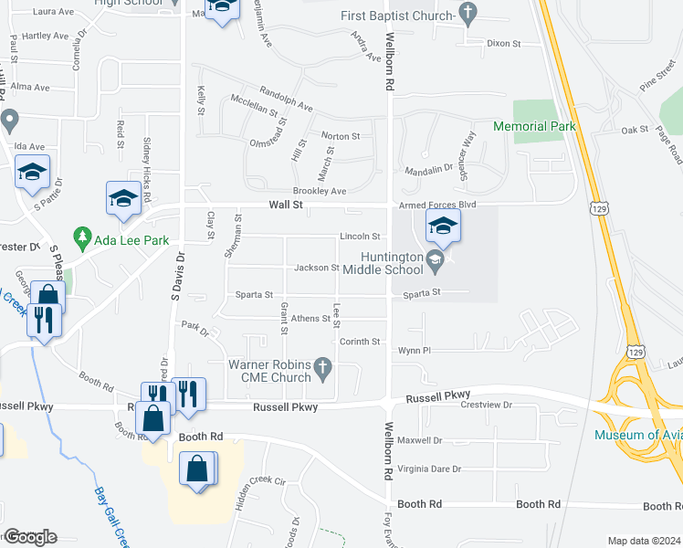 map of restaurants, bars, coffee shops, grocery stores, and more near 115 Jackson Street in Warner Robins
