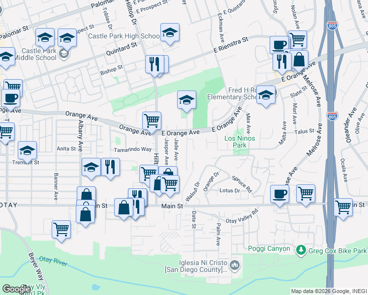 map of restaurants, bars, coffee shops, grocery stores, and more near 1515 Jade Avenue in Chula Vista