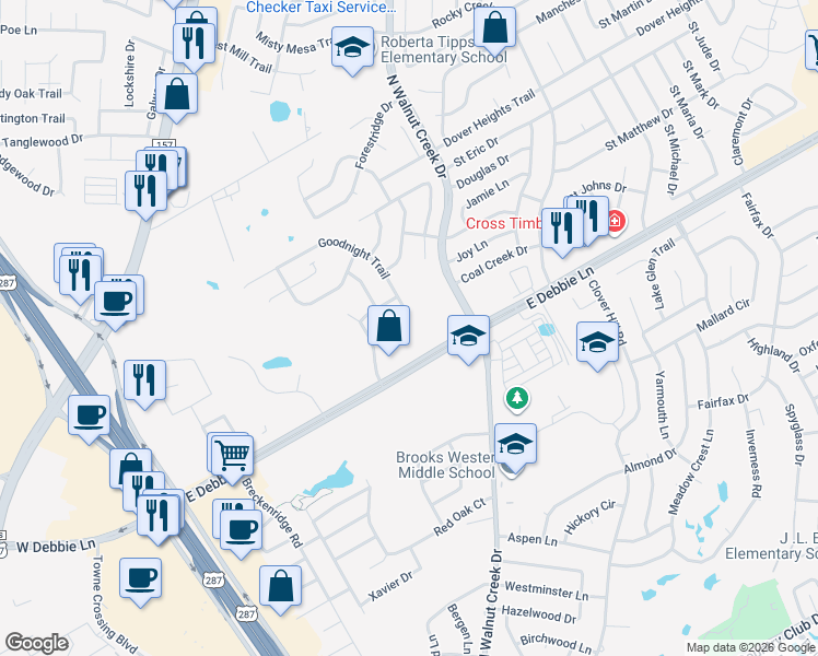map of restaurants, bars, coffee shops, grocery stores, and more near 2402 Goodnight Trail in Mansfield