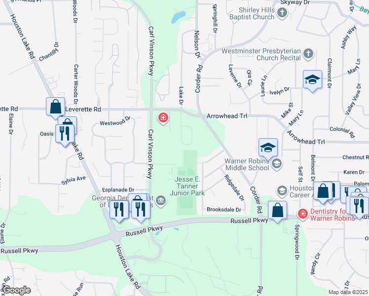 map of restaurants, bars, coffee shops, grocery stores, and more near 149 Rolling Woods Circle in Warner Robins