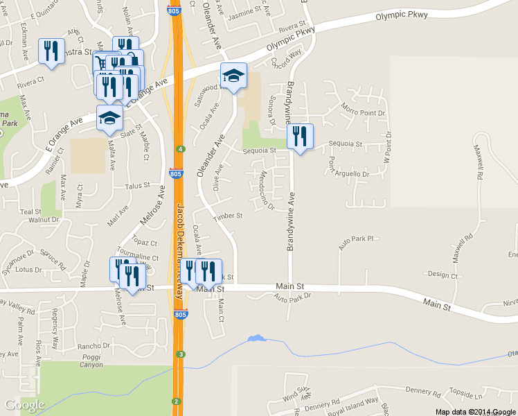 map of restaurants, bars, coffee shops, grocery stores, and more near 1595 Mendocino Drive in Chula Vista