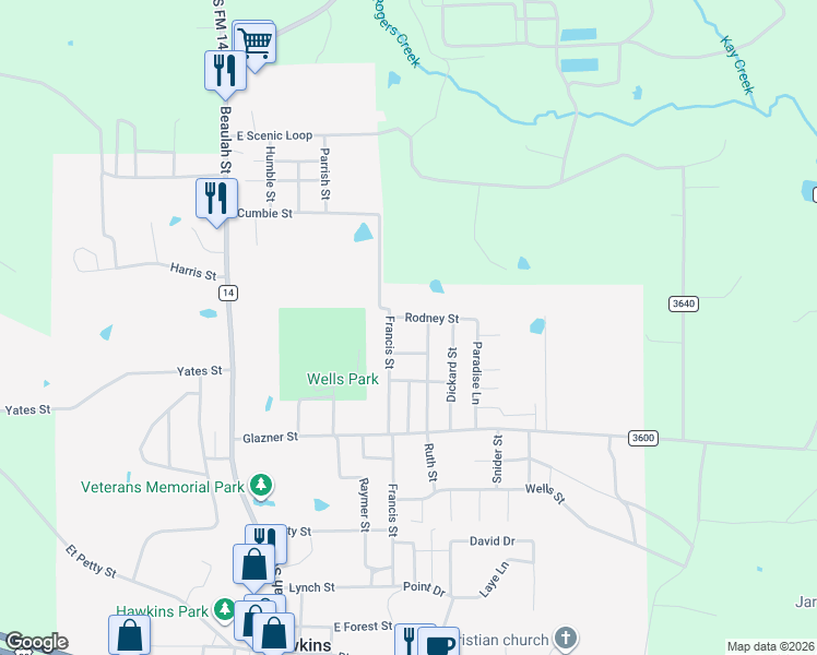 map of restaurants, bars, coffee shops, grocery stores, and more near 169 Rodney Street in Hawkins