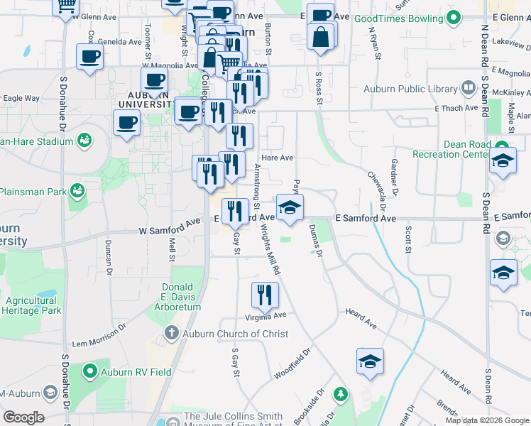 map of restaurants, bars, coffee shops, grocery stores, and more near 303 East Samford Avenue in Auburn
