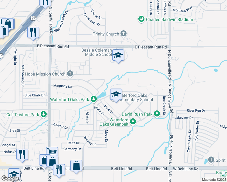 map of restaurants, bars, coffee shops, grocery stores, and more near 1 Hageman Lane in Cedar Hill