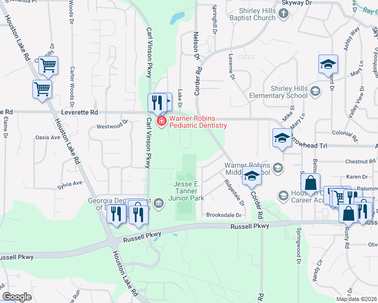 map of restaurants, bars, coffee shops, grocery stores, and more near 143 Rolling Woods Circle in Warner Robins