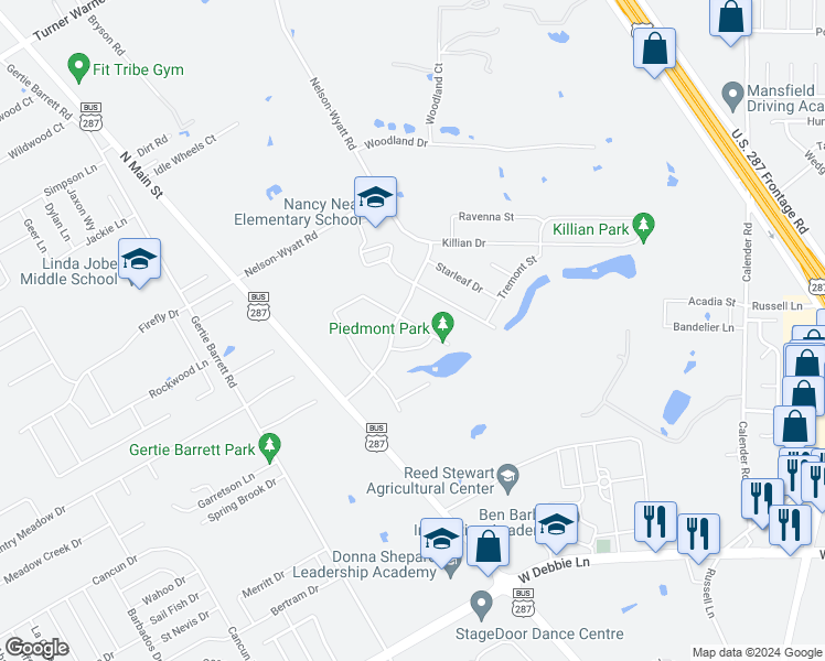 map of restaurants, bars, coffee shops, grocery stores, and more near 1327 Piedmont Drive in Mansfield