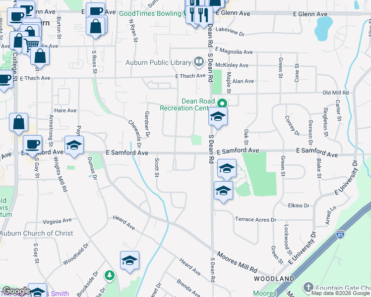 map of restaurants, bars, coffee shops, grocery stores, and more near 338 Bowden Drive in Auburn