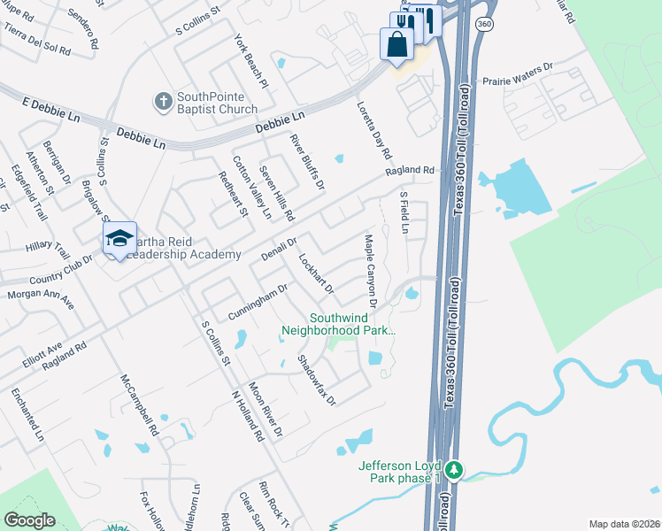 map of restaurants, bars, coffee shops, grocery stores, and more near 800 Underhill Drive in Arlington