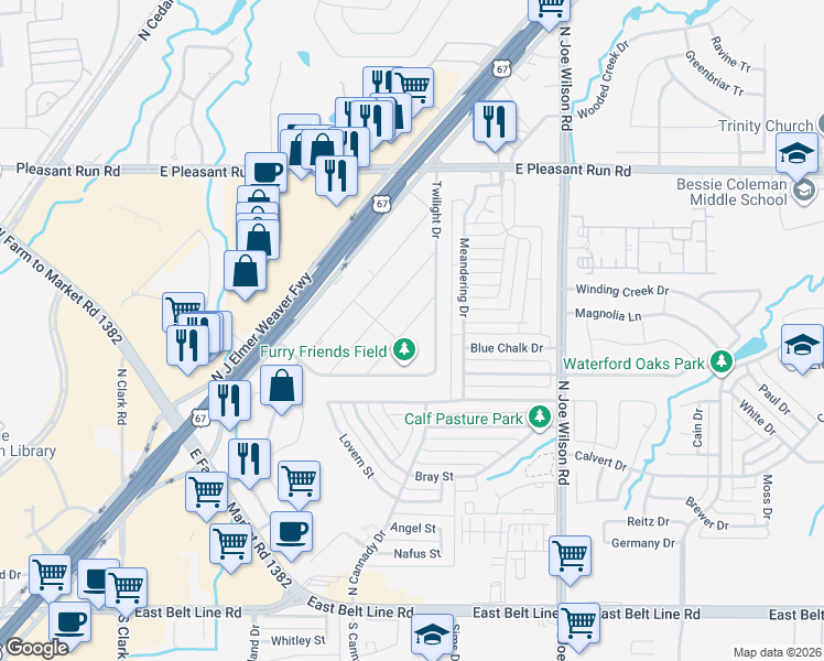 map of restaurants, bars, coffee shops, grocery stores, and more near 805 Dogwood Drive in Cedar Hill