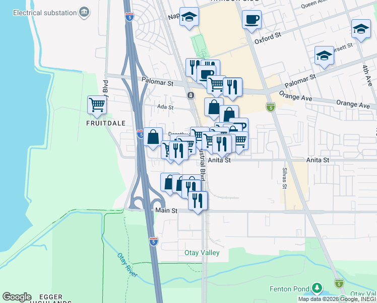 map of restaurants, bars, coffee shops, grocery stores, and more near 735 Belvia Lane in Chula Vista
