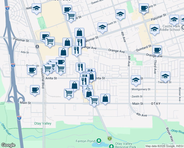 map of restaurants, bars, coffee shops, grocery stores, and more near 521 Orange Avenue in Chula Vista