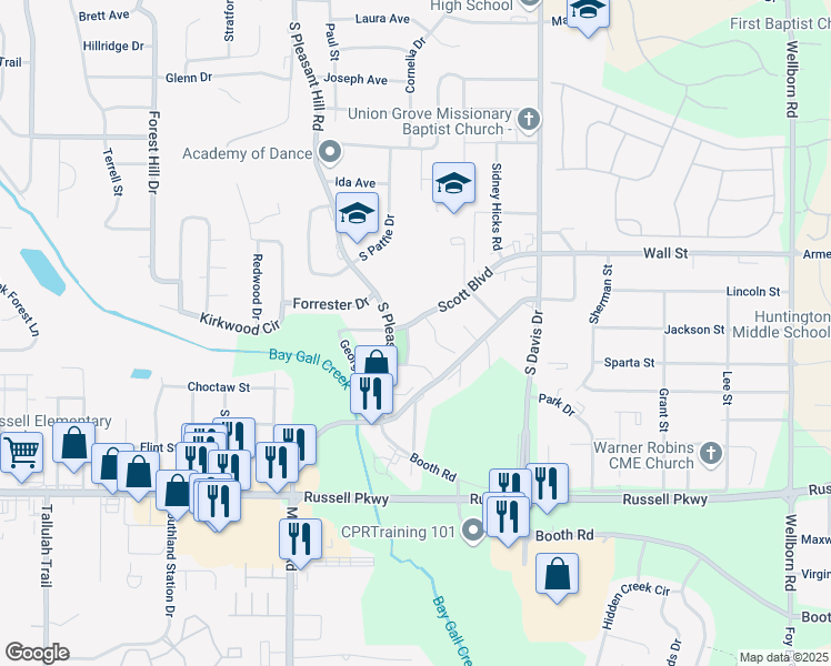 map of restaurants, bars, coffee shops, grocery stores, and more near 100 Granville Way in Warner Robins