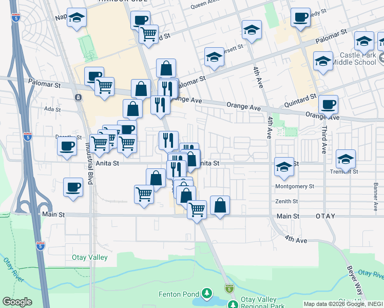 map of restaurants, bars, coffee shops, grocery stores, and more near 521 Orange Avenue in Chula Vista