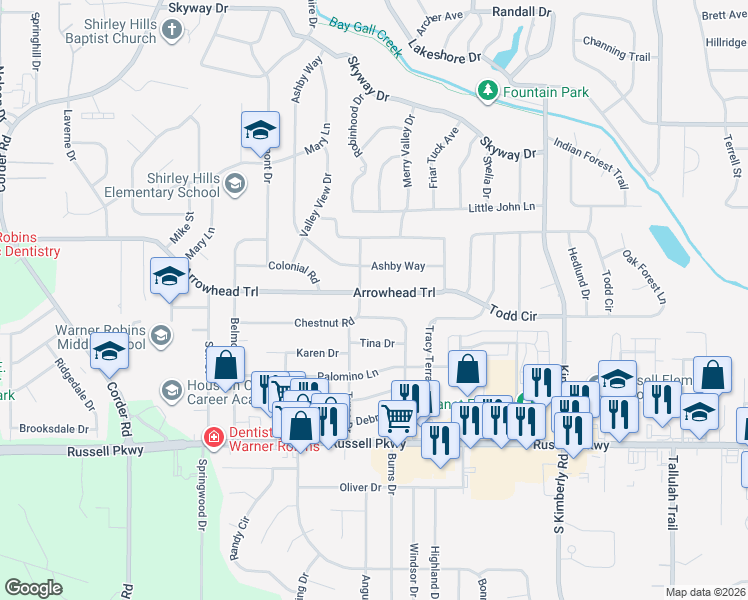 map of restaurants, bars, coffee shops, grocery stores, and more near 516 Arrowhead Trail in Warner Robins