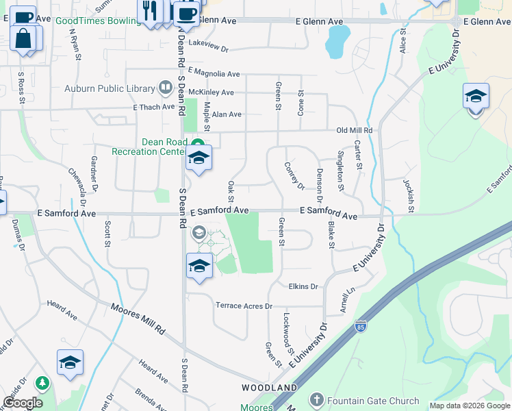 map of restaurants, bars, coffee shops, grocery stores, and more near 1027 East Samford Avenue in Auburn