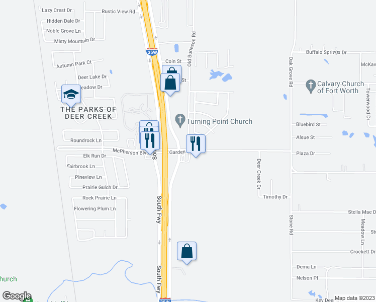 map of restaurants, bars, coffee shops, grocery stores, and more near Old Burleson Rd & Garden Acres Dr in Fort Worth