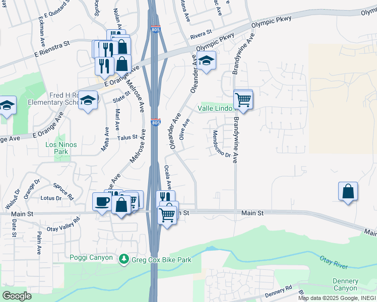 map of restaurants, bars, coffee shops, grocery stores, and more near 516 Tamarack Court in Chula Vista