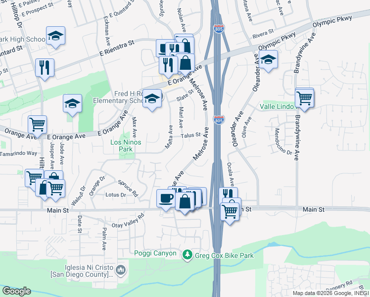 map of restaurants, bars, coffee shops, grocery stores, and more near 1613 Marl Avenue in Chula Vista