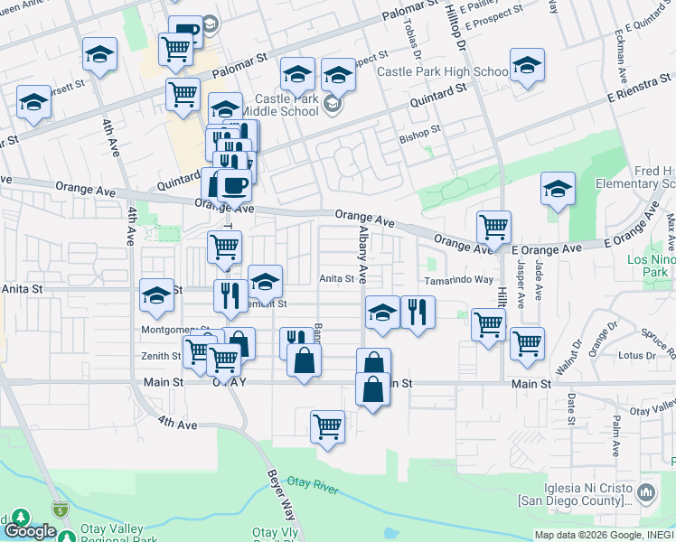 map of restaurants, bars, coffee shops, grocery stores, and more near 1509 Banner Avenue in Chula Vista