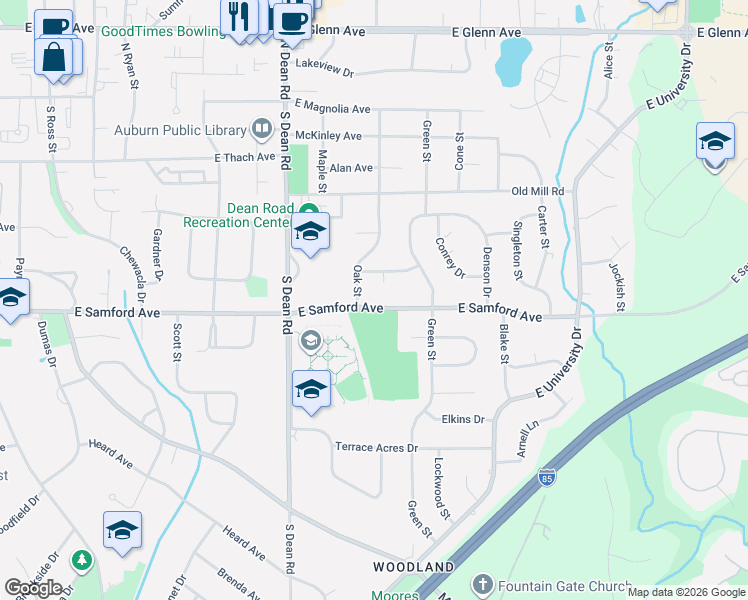 map of restaurants, bars, coffee shops, grocery stores, and more near 311 Flowers Circle in Auburn