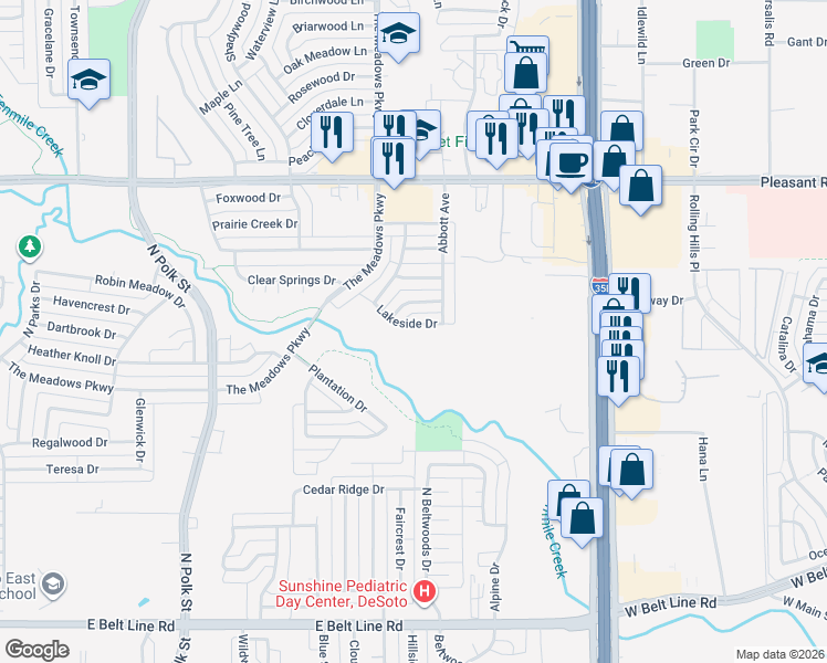map of restaurants, bars, coffee shops, grocery stores, and more near 1132 Lakeside Drive in DeSoto