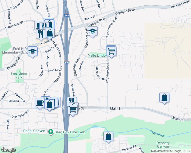 map of restaurants, bars, coffee shops, grocery stores, and more near 1595 Mendocino Drive in Chula Vista