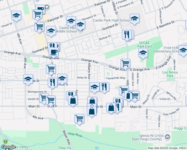 map of restaurants, bars, coffee shops, grocery stores, and more near 121 Orange Avenue in Chula Vista