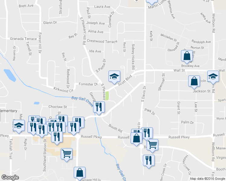 map of restaurants, bars, coffee shops, grocery stores, and more near 100 Granville Way in Warner Robins