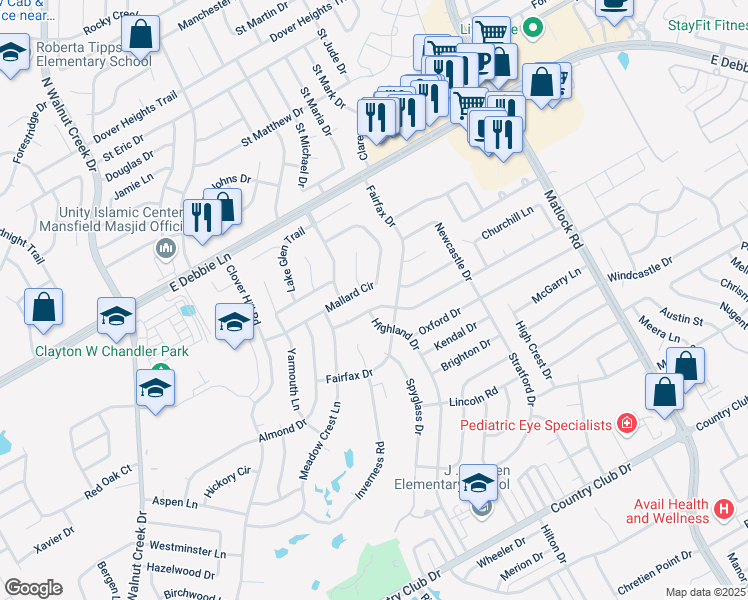 map of restaurants, bars, coffee shops, grocery stores, and more near 1405 Brittany Lane in Mansfield