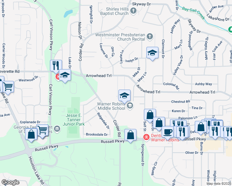 map of restaurants, bars, coffee shops, grocery stores, and more near 119 Victor Road in Warner Robins