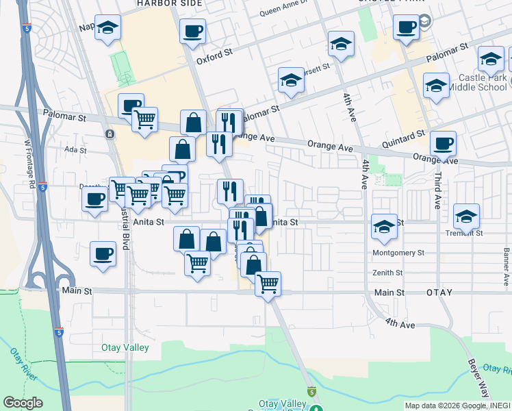 map of restaurants, bars, coffee shops, grocery stores, and more near 1501 Broadway in Chula Vista