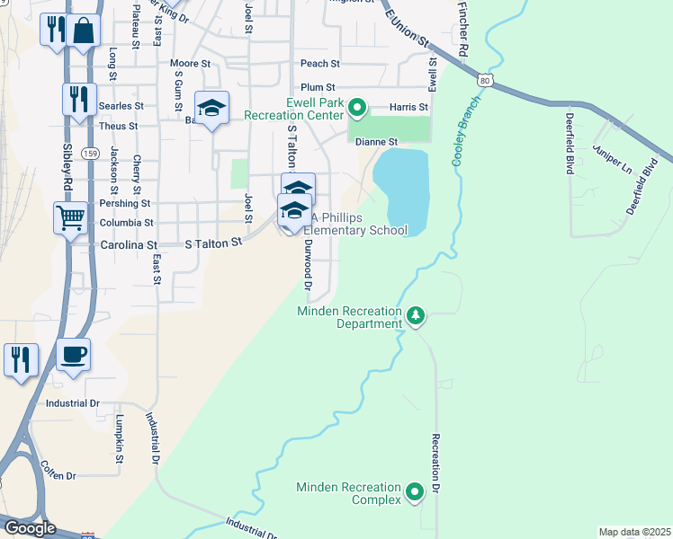 map of restaurants, bars, coffee shops, grocery stores, and more near 900 Woods Street in Minden